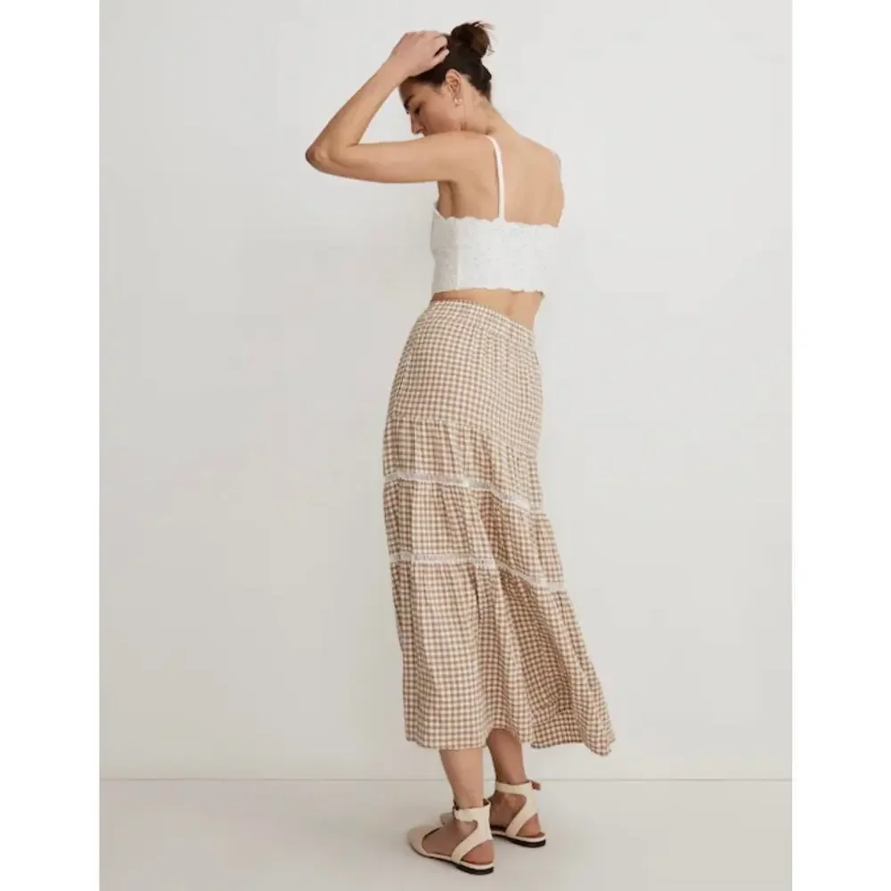 Madewell Linen-Blend Eyelet-Trim Women’s XL Tiered Maxi Skirt Seed Khaki Plaid - Picture 2 of 8